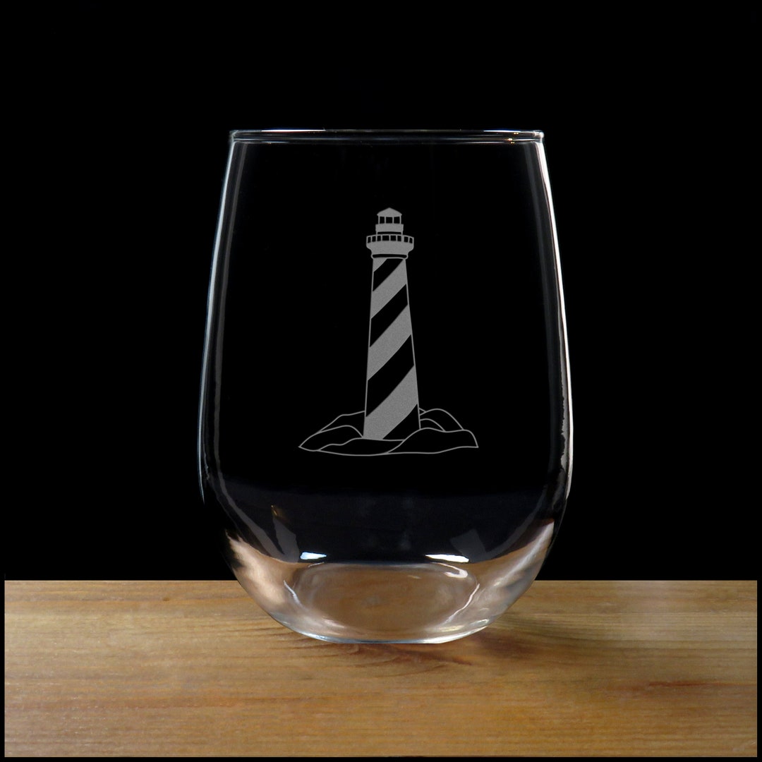 Lighthouse Etched Stemless Wine Glass Nautical Personalized Etsy
