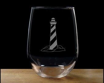 Lighthouse  Etched Stemless Wine Glass - Nautical Personalized Gift - Free Personalization