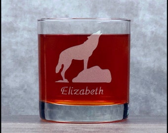 Wolf Engraved 11oz Whiskey Glass - Free Personalization - Deeply Etched Rocks Glass - Wolf Howling Whisky Glass - Personalized Gift