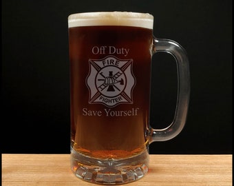 Personalized Firefighter  16oz Beer Mug - Retirement Gift - Sandblasted by Hand