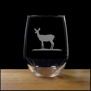 Deer Etched Stemless Wine Glass - Free Personalization - Personalized Gift