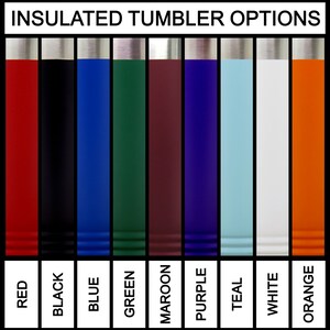 May include: Nine insulated tumblers in various colors: red, black, blue, green, maroon, purple, teal, white, and orange. The tumblers have a silver lid.