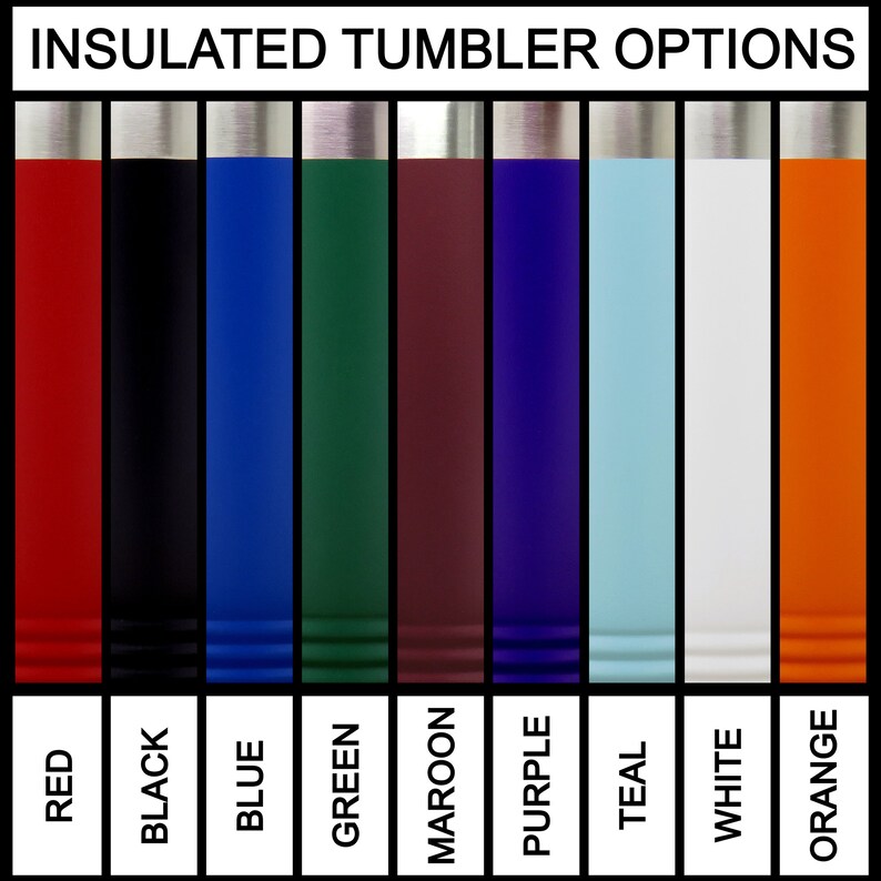 May include: Nine insulated tumblers in various colors: red, black, blue, green, maroon, purple, teal, white, and orange. The tumblers have a silver lid.