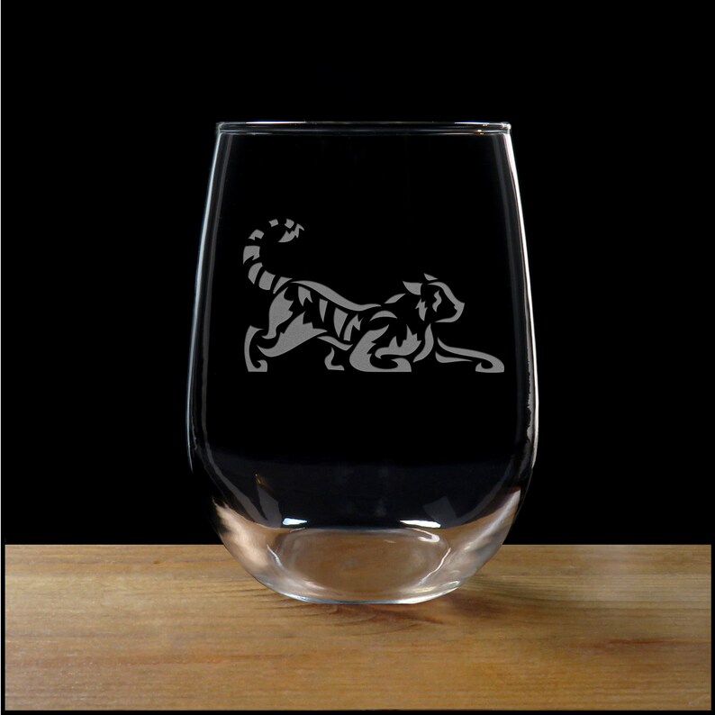 Tiger Etched Stemless Wine Glass Free Personalization Etsy