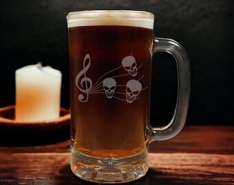 Skull Etched 16oz Beer Mug, Gift for Music Lovers, Halloween and Graduation