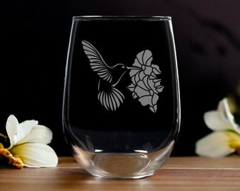 Hummingbird and Hibicus Stemless Wine Glass - Free Personalization - Personalized Gift for Mom