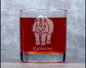 Rhinoceros Engraved 11oz Whiskey Glass - Deeply Etched Rocks Glass - Rhino Sand Etched Personalized Gift - Free Personalization
