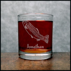 Trout Engraved 11.2oz Whiskey Glass - Free Personalization - Deeply Sand Etched Rocks Glass -  Fisherman's Personalized Gift
