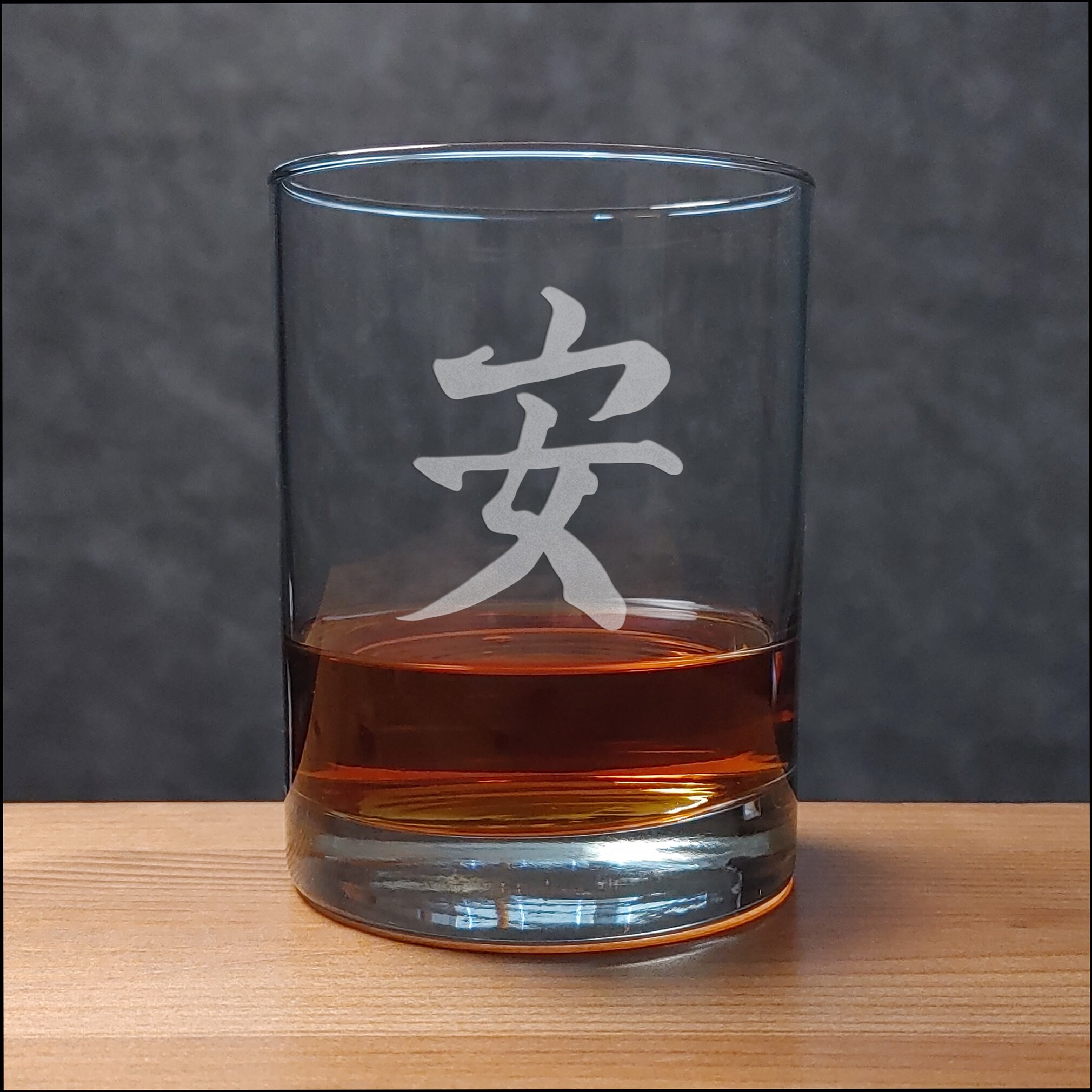 Japanese Kanji 13oz Whiskey Glass - Tranquility, Happiness, Strength, Courage, Love, or Double Happiness  - Free Personalization