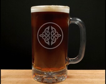 Celtic Beer Glass - Design 2 - Free Personalization - Etched Celtic Beer Mug - Engraved Beer Glass with Handle