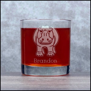 Hippo Engraved 11oz Whiskey Glass - Free Personalization - Deeply Etched Rocks Glass - Hippopotamus Personalized Gift