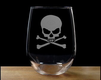 Personalized Skull & Crossbones Stemless Wine Glass: Custom Gothic Pirate Engraved Halloween Barware