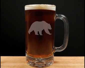 Bear Engraved Beer Mug - Design 5 - Animal Personalized Gift - Free Personalization