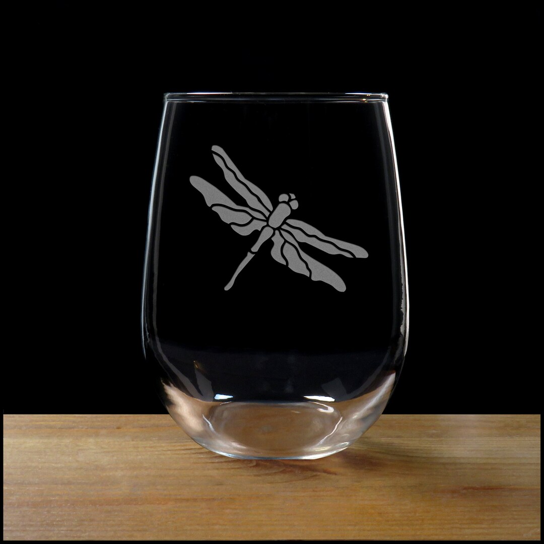 Dragonfly Etched Stemless Wine Glass Free Personalization Personalized