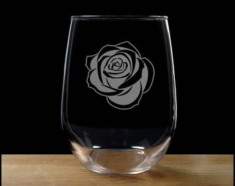 Rose Engraved 17oz Stemless Wine Glass - Design 3 - Free Personalization - Flower Personalized Gift