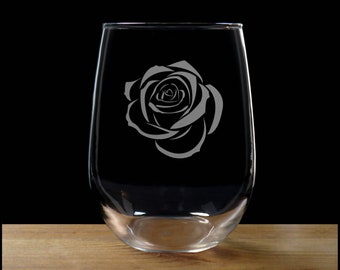 Rose Engraved 17oz Stemless Wine Glass - Free Personalization - Flower Personalized Gift