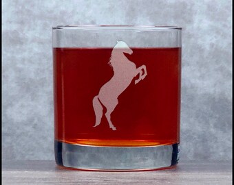 Horse Engraved 11oz Whiskey Glass, Deeply Etched Rocks Glass, Prancing Horse Personalized Gift, Free Personalization