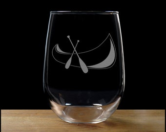 Canoe Etched Stemless Wine Glass - Free Personalization - Personalized Gift