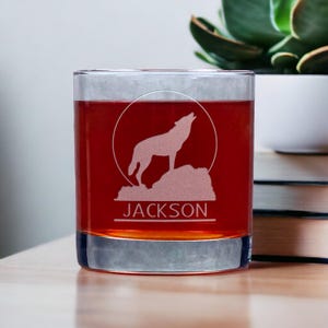 Wolf Engraved 11oz Whiskey Glass - Deeply Etched Howling Wolf Rocks Glass - Free Personalization - Personalized Gift