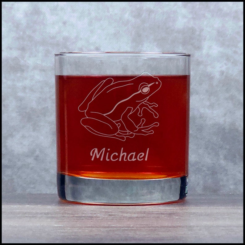 Frog Engraved 11oz Whiskey Glass Deeply Etched Rocks Glass Free Personalization Aquatic Personalized Gift Option 2a-Name Front