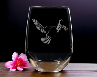 Hummingbird and Flower Stemless Wine Glass - Personalized Gift for Mom