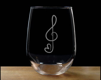 Treble Clef with Heart Stemless Wine Glass - Free Personalization - Music Personalized Gift