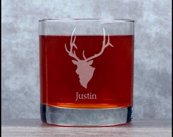 Elk Head Engraved 11oz Whiskey Glass - Two Designs to choose from - Free Personalization - Etched Personalized Gift