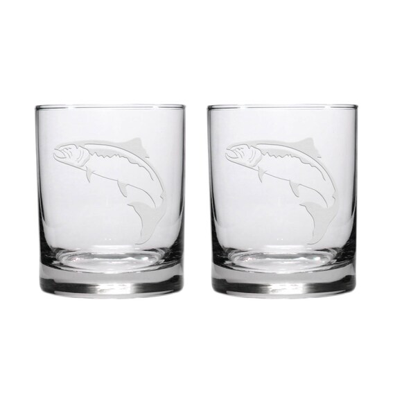 Leaping Salmon Etched Whiskey Glasses / Set of 2 / Etsy
