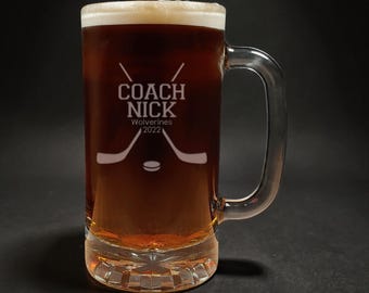 Hockey Coach Beer Mug - Sand Blasted - Sports Coach Personalized Gift