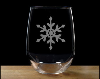 Snowflake Etched 17oz Stemless Wine Glass - Design 5 - Engraved Personalized Gift - Free Personalization