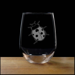 Ladybug Stemless Wine Glass - Design 1 - Free Personalization - Personalized Gift