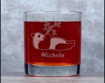 Panda Engraved 11oz Whiskey Glass - Free Personalization - Deeply Etched Rocks Glass - Panda Personalized Gift