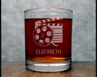 Bobine de film et verre à whisky gravé sur clap de 11,2 oz - Verre à bourbon Movie Maker - Cadeau personnalisé - Personnalisation gratuite