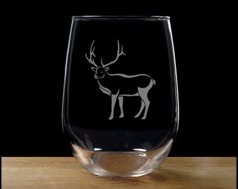 Elk Etched Stemless Wine Glass - Design 3 - Free Personalization - Wildlife Personalized Gift