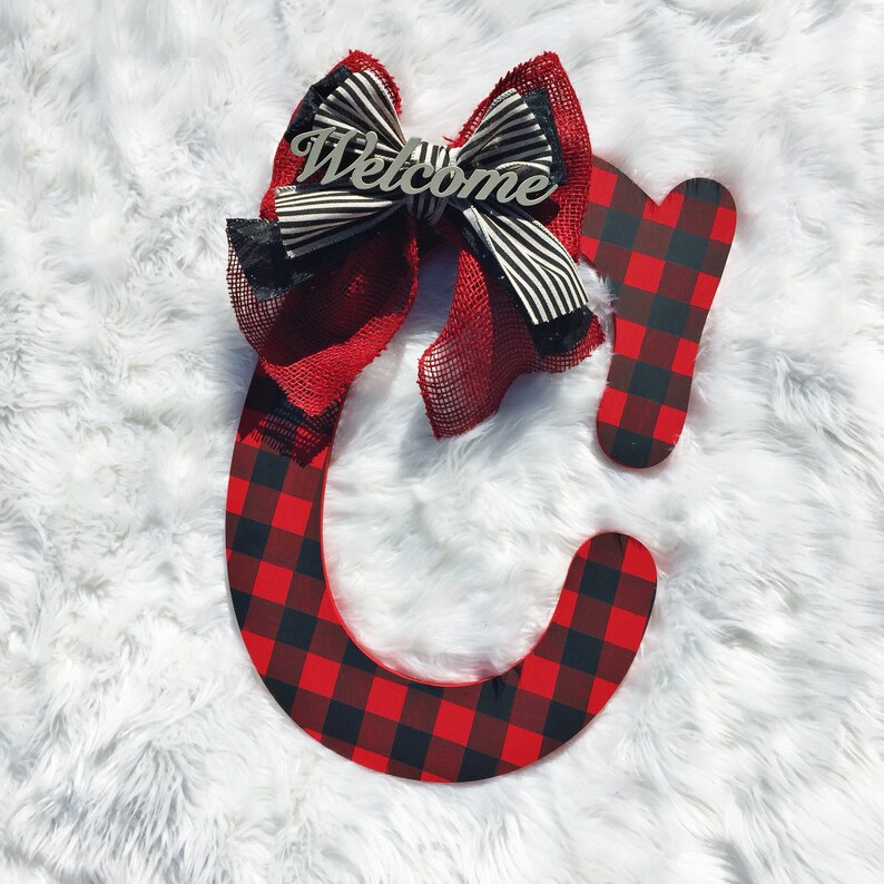 initial door hanger welcome sign Christmas decor welcome door hanger fall door hanger fall decor Buffalo Plaid Wooden Door Hanger