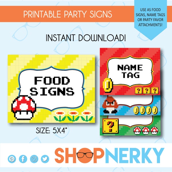 PRINTABLE 8-bit Mario Themed Food or Favor Signs  |  Name Tag  |  Instant Download