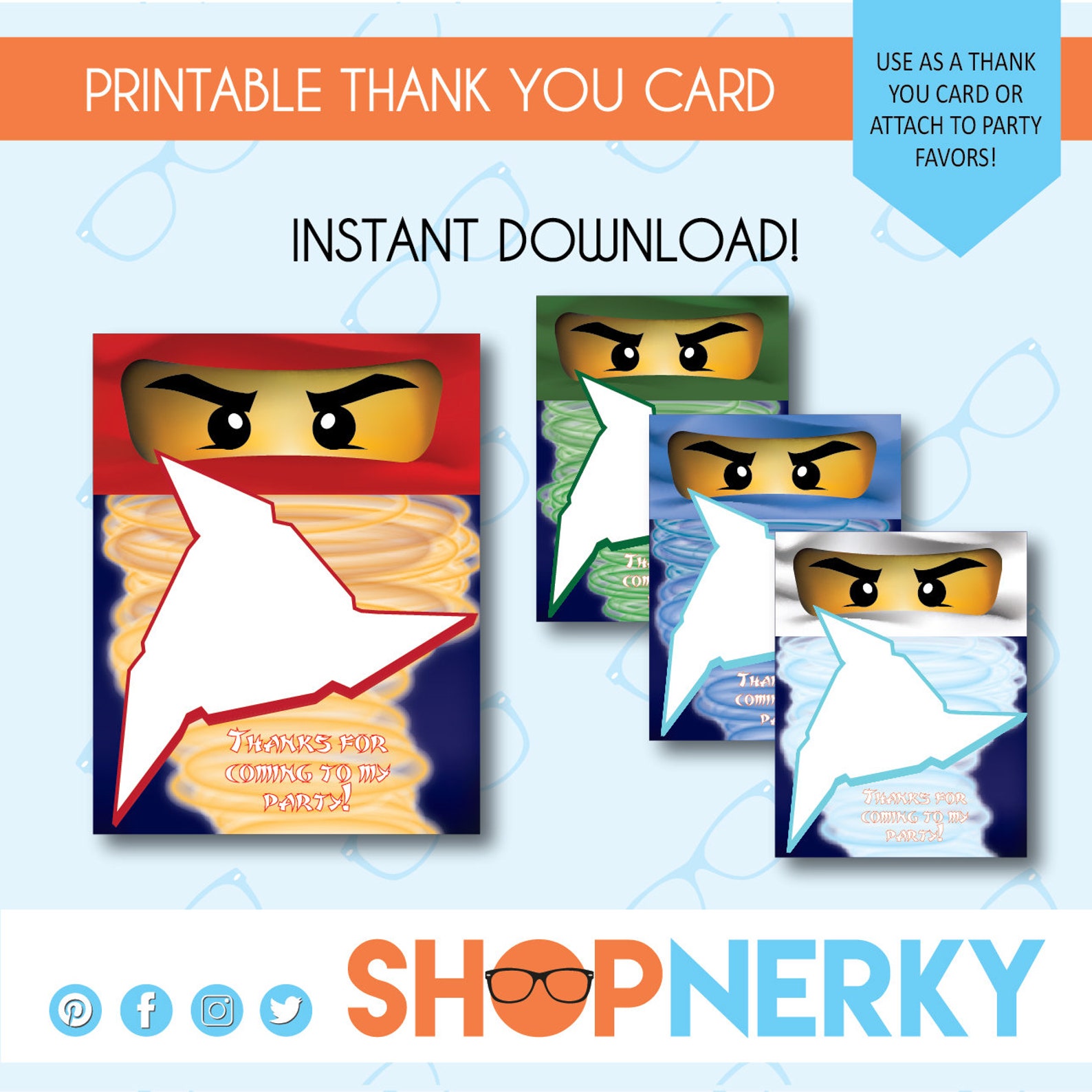 Ninja Printable Thank You Cards Red White Green and Blue | Etsy