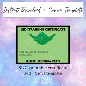 PRINTABLE &quot;Jedi&quot; Training Certificate  |  Star Wars Inspired Party Favor  |  Instant Download and Canva Template