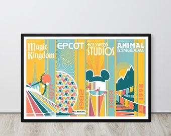 WDW Park Opening Framed Print | Disney Print | Art Deco Modern | Magic Kingdom | Epcot | Hollywood Studios | Animal Kingdom