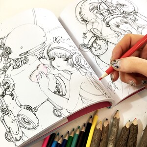 May include: A black and white illustration of a robot and a girl holding a heart. The girl is wearing a headband and a dress. The robot has gears and wheels. The image is from a coloring book.