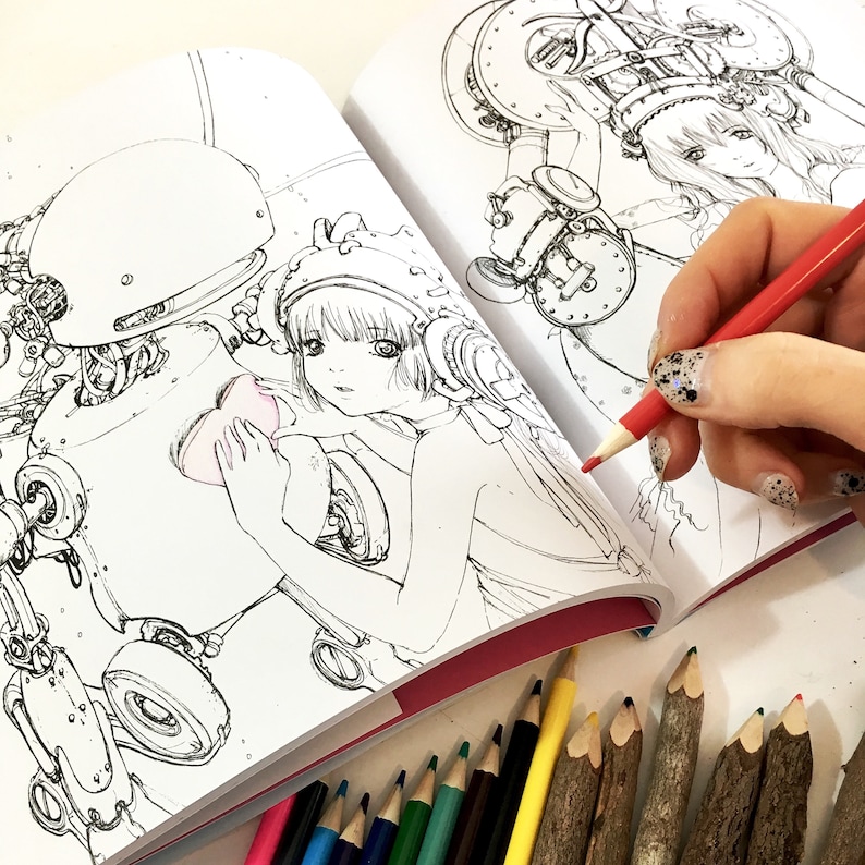 May include: A black and white illustration of a robot and a girl holding a heart. The girl is wearing a headband and a dress. The robot has gears and wheels. The image is from a coloring book.
