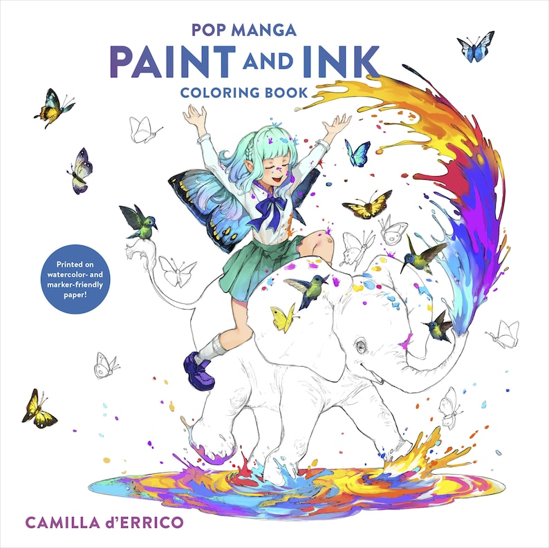 以下が含まれることがあります： Camilla d'Erricoによる「Paint and Ink」というタイトルのポップマンガ塗り絵。表紙には、蝶の羽を持つ女の子が白い象に乗っており、蝶やカラフルなペイントスプラッシュに囲まれた、気まぐれなイラストが描かれています。