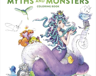 May include: The Pop Manga Myths and Monsters colouring book by Camilla d'Errico features a central illustration of a Medusa-like figure with blue snake hair, a purple snake tail, and various small mythical creatures surrounding her on a white background.