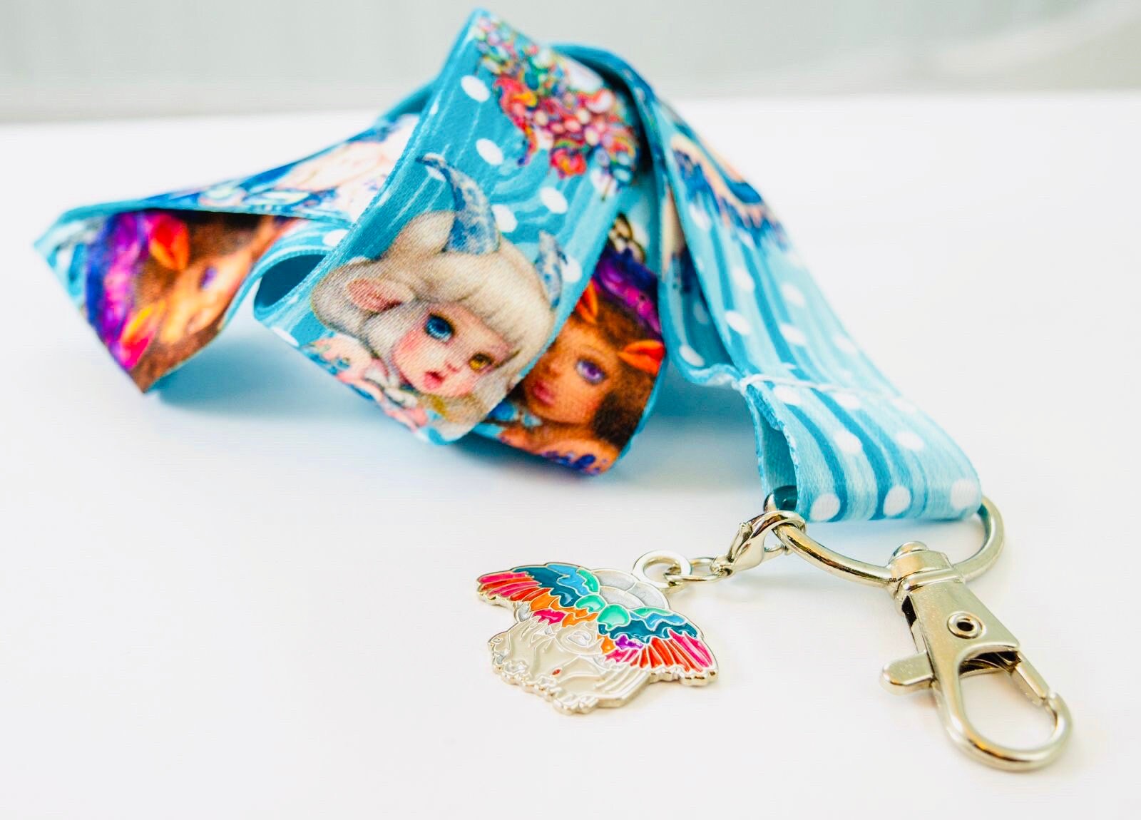 Zodiac Teal Polka Dot Lanyard with Charm