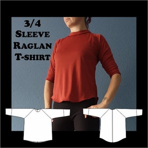 Ladies Raglan Top with 3/4 sleeves - PDF Sewing Pattern - Sizes XSmall to XXXLarge