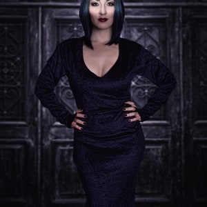 May include: A woman with dark blue hair is wearing a long, dark blue velvet dress. She is standing in front of a dark wooden door with intricate carvings.