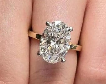 3 Carat Oval Cut Moissanite Engagement Ring in 14K Solid Gold - Solitaire Thin Band with Hidden Halo, Anniversary Ring for Women
