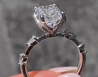 2 Carat Emerald Cut Moissanite Engagement Ring, 14K Solid Gold Hidden Tulip & Pear Cut Pave Wedding Gift