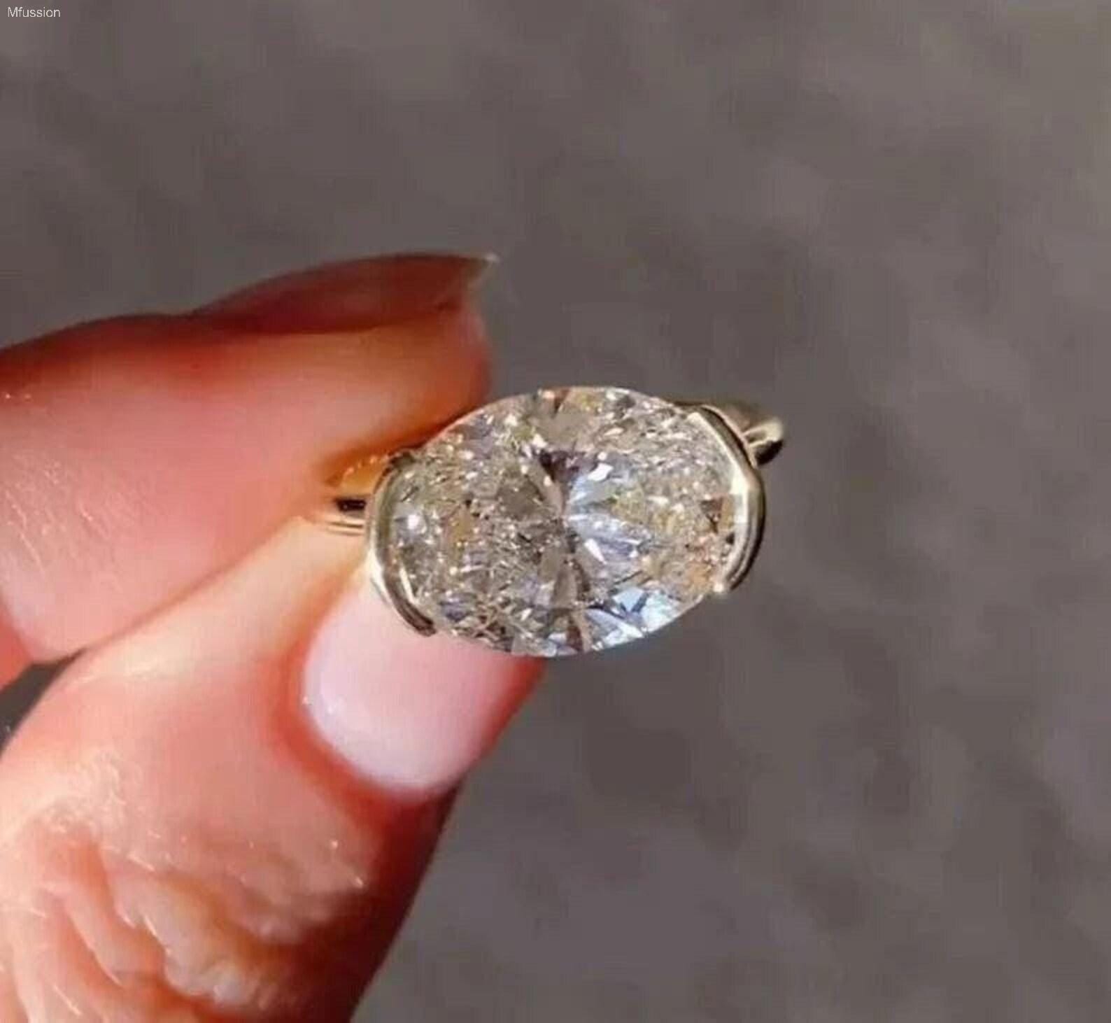 3 Carat Moissanite Engagement Ring 14K Gold Oval East West Half Bezel Set Solitaire Wedding Ring for Her