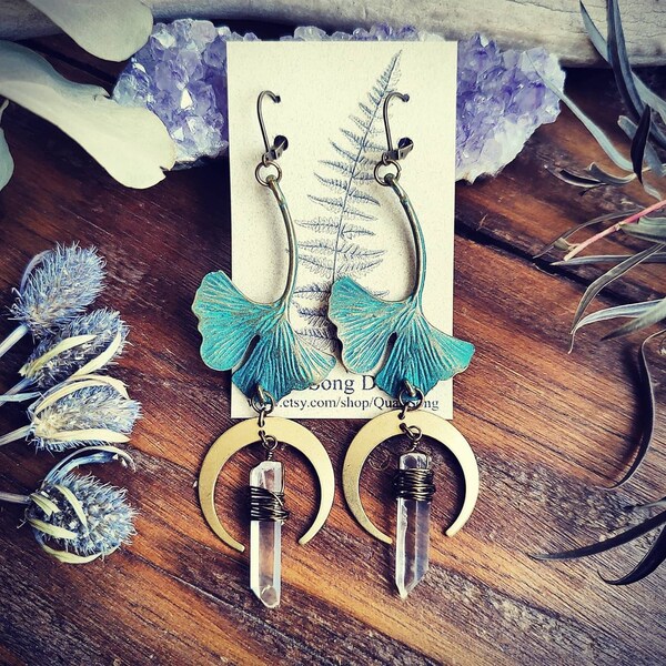 Crystal Earrings, Witchy Earrings, Ginkgo Leaf, Celestial Crescent Moon, Raw Gemstones, Artisan Jewelry, Anniversary Gift for Girlfriend